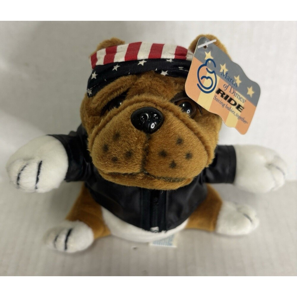 Plushland 6” Bulldog Harley Biker Plush Zip-Up Jacket~ Stars And Stripes Bandana